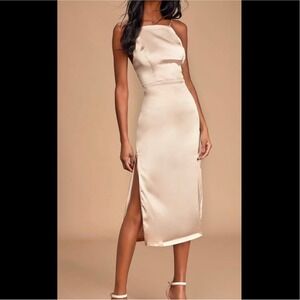 Lulus Satin Slip Midi Dress Square Neck Backless Side Slit Champagne L